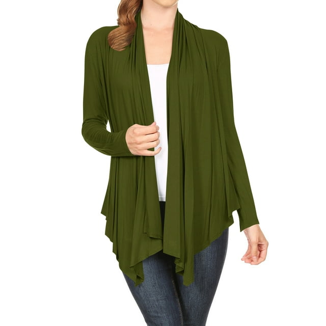 Women's Long Sleeve Draped Neck Open Front Waist Length Solid Cardigan
