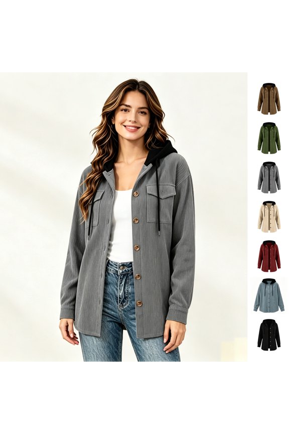 Women’s Long Sleeve Drawstrings Hooded Corduroy Shacket, Button Down Lightweight Casual Outerwear Shacket,Women's Size S-2XL