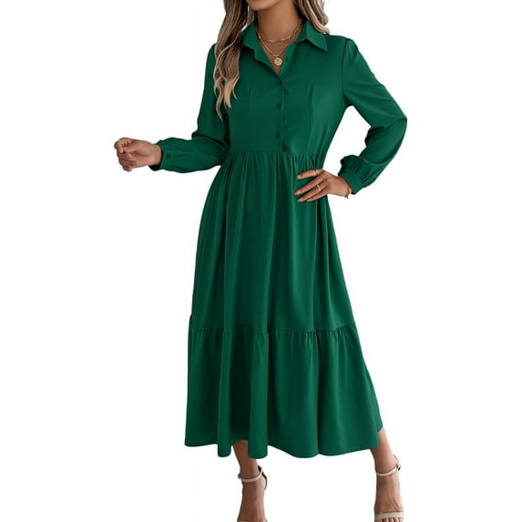 Women's Long Sleeve V-Neck A-Line Flowy Maxi Dress