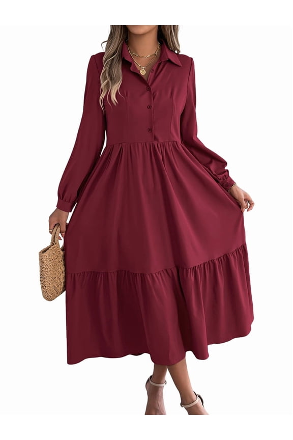 Women's Long Sleeve Dress 2025 Button Down V Neck A-Line Flowy Fall Outfits Ruffle Maxi Holiday Party Dresses