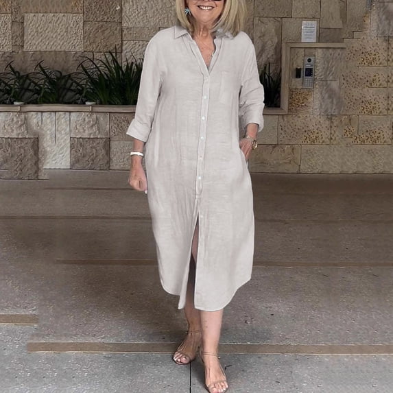 Women's Long Sleeve Dress, Casual V-Neck Long Dress in Soft Cotton Linen Blend for Summer and Spring Wear