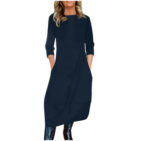 Women's Long Sleeve Dress Plus Size Round Neck Empire Waist Loose Plain Casual Long Fall Dresses Trendy 2025 New