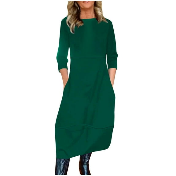 Women's Long Sleeve Dress Plus Size Round Neck Empire Waist Loose Plain Casual Long Fall Dresses Trendy 2025 New