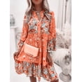 thumbnail image 1 of Women's Long Sleeve Dress Print A-line Elegant Pleated Casual Beach Skater Dress Flared Sleeve V-Neck Midi Dresses, 1 of 9