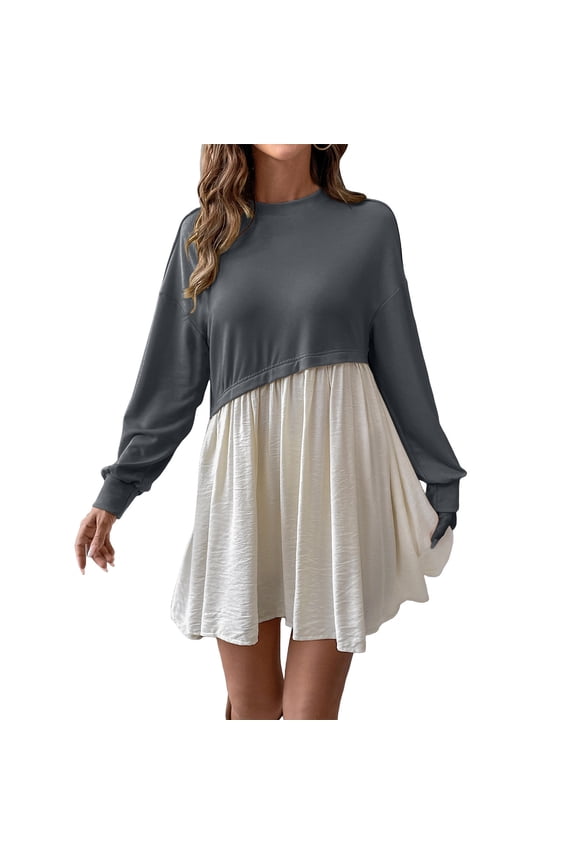 Women's Long Sleeve Dress, Solid Color Round Neck Contrast Stitching Dress, Polyester Fabric for Daily Wear and Fall Winter Season