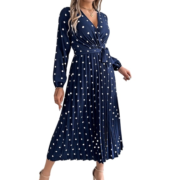 Women's Long Sleeve Dress V-Neck Polka Dot Dress with Tie Waist Long Pleated Dress for Office Parties Date