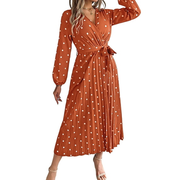 Women's Long Sleeve Dress V-Neck Polka Dot Dress with Tie Waist Long Pleated Dress for Office Parties Date