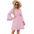 thumbnail image 1 of Women's Long Sleeve Dress Wrap V-Neck Bell Sleeve A-line Mini Dress Ruffle Flowy Swing Dresses, 1 of 6