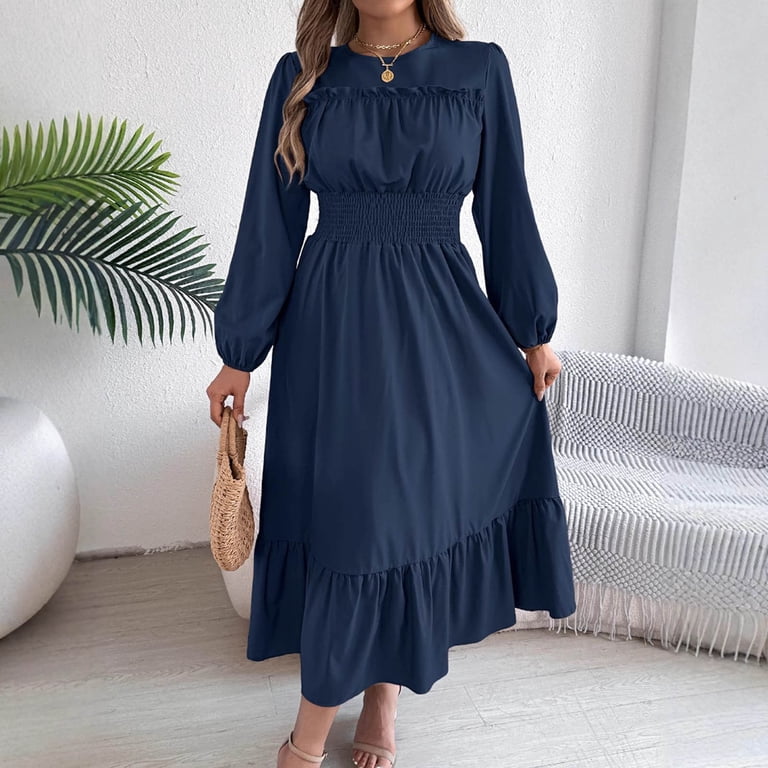 Women's Long Sleeve Dresses Plus Size Solid Color Round Neck Ruffles Casual Fashion Dress