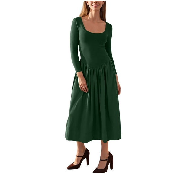 Women's Long Sleeve Dresses Soft Cotton Scoop Neck Elegant Party Casual Swing Mid Long Dress with Pleats (L, Army Green)
