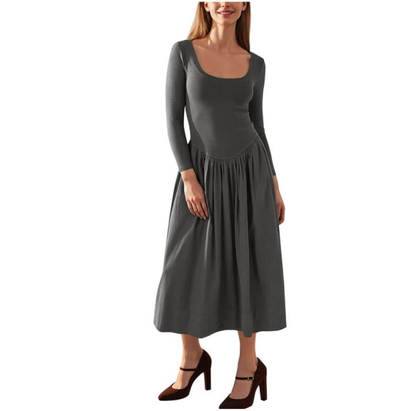 Women's Long Sleeve Dresses Soft Cotton Scoop Neck Elegant Party Casual Swing Mid Long Dress with Pleats (M, Gray)