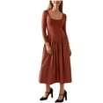thumbnail image 1 of Women's Long Sleeve Dresses Soft Cotton Scoop Neck Elegant Party Casual Swing Mid Long Dress with Pleats (XL, Brown), 1 of 7