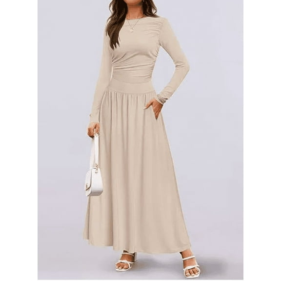 Women's Long Sleeve Fall Maxi Dress Crewneck Knit Casual Slim Swing Pleated Dresses with Pockets