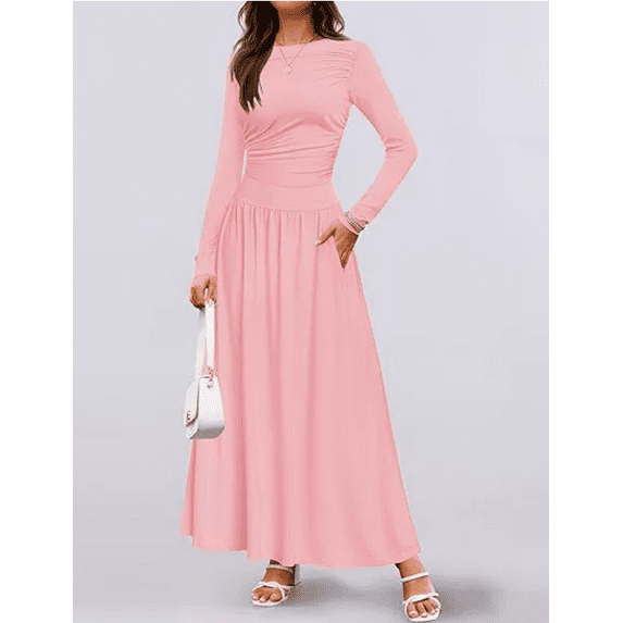 Women's Long Sleeve Fall Maxi Dress Crewneck Knit Casual Slim Swing Pleated Dresses with Pockets