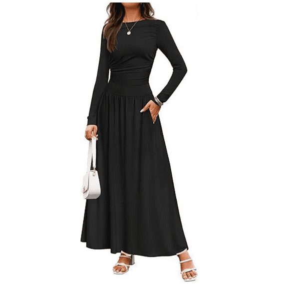 Women's Long Sleeve Fall Maxi Dress Crewneck Knit Casual Slim Swing Pleated Dresses with Pockets