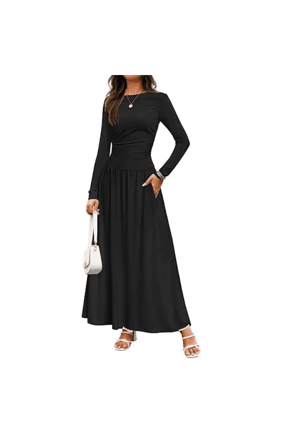 Women's Long Sleeve Fall Maxi Dress Crewneck Knit Casual Slim Swing Pleated Dresses with Pockets