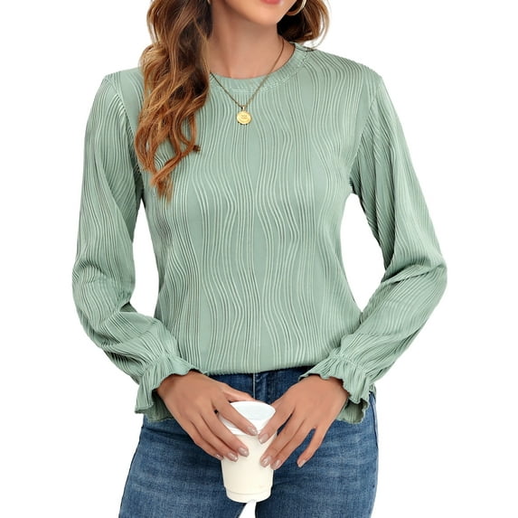 Women's Long Sleeve Fall T-Shirts Slim Fit Crewneck Textured Casual Knit Work Tops