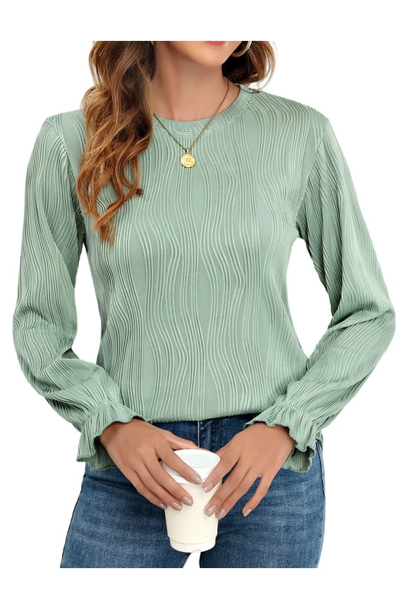 Women's Long Sleeve Fall T-Shirts Slim Fit Crewneck Textured Casual Knit Work Tops