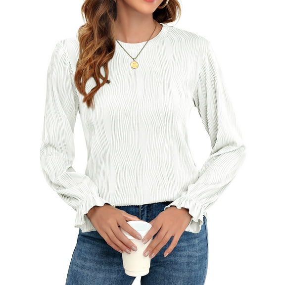 Women's Long Sleeve Fall T-Shirts Slim Fit Crewneck Textured Casual Knit Work Tops