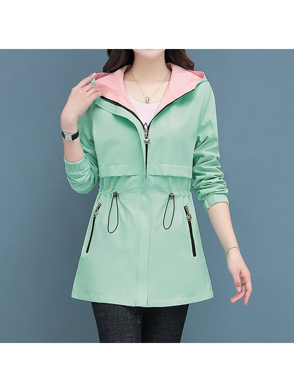 Women's Long Sleeve Fashion Solid Color Coat Zipper Lapel Hood Reversible Windbreaker Casual Jacket Winter Windbreaker Cheer Rain Jacket Clear Hiking Rain Jacket Rain Jacket Thin Water Apparel Swing