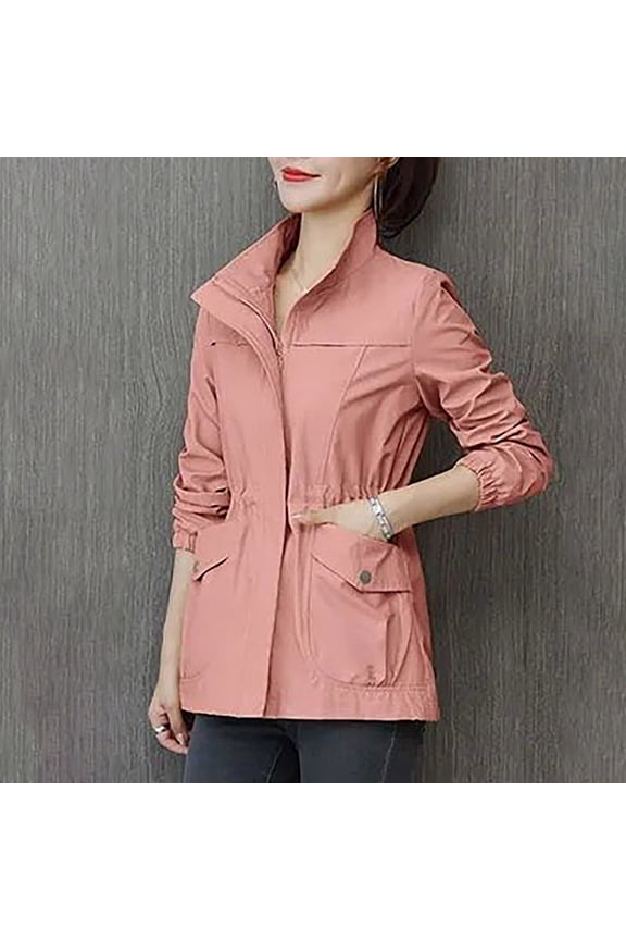 Women's Long Sleeve Fashion Solid Color Zipper Waist Mid Length Windbreaker Casual Jacket Outerwear plus Size Jacket Women Women's plus Size Rain Jacket 90's Retro Jacket Womens Raincoats Womens