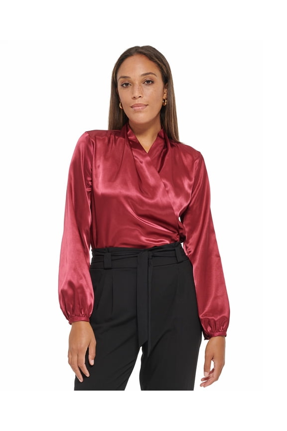 Women's Long Sleeve Faux Wrap Blouse Cranberry XL