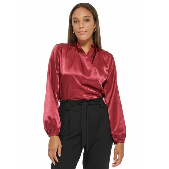 Women's Long Sleeve Faux Wrap Blouse Cranberry XL