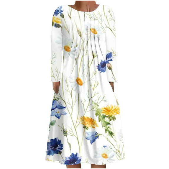 Women's Long Sleeve Festival Dresses O-Neck Pleated Printing Mid Length Dress Winter Loose-FIt Casual Dress with Pockets