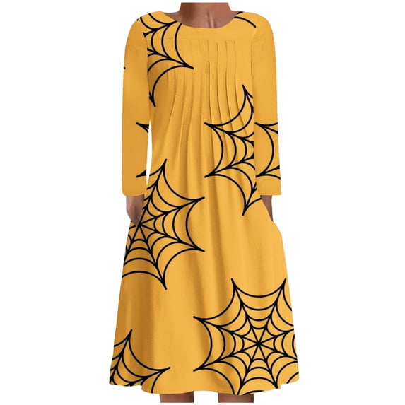 Women's Long Sleeve Festival Dresses O-Neck Pleated Printing Mid Length Dress Winter Loose-FIt Casual Dress with Pockets