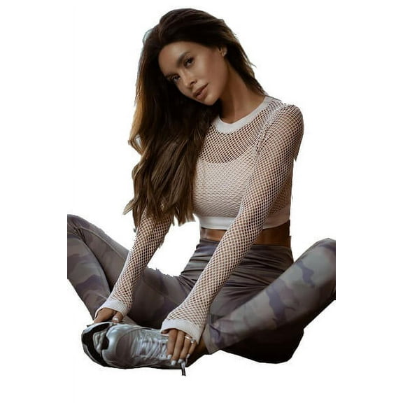 Women's Long Sleeve Fishnet Crop Top - Beige S