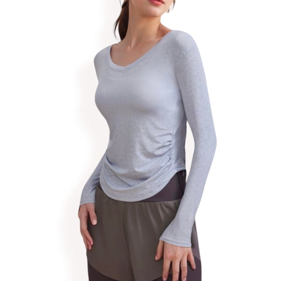 Women's Long Sleeve Fitted Activewear Top with Side Ruching and Scoop Neck - Large, Blue