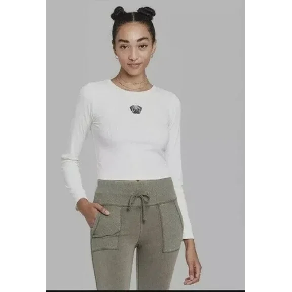Women's Long Sleeve Fitted Rib-Knit Crop Top Cream Pug Embroidery Size XL
