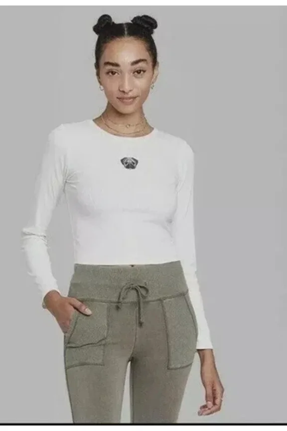 Long Sleeve Fitted Rib-Knit Crop Top Cream Pug Embroidery Size XL