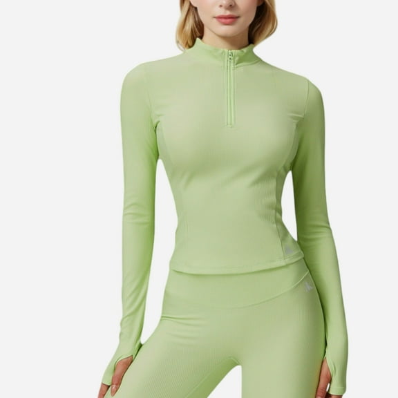 Women's Long Sleeve Fitted Ribbed Knit Top with Zip Collar and Thumbhole Cuffs - X Large, Green