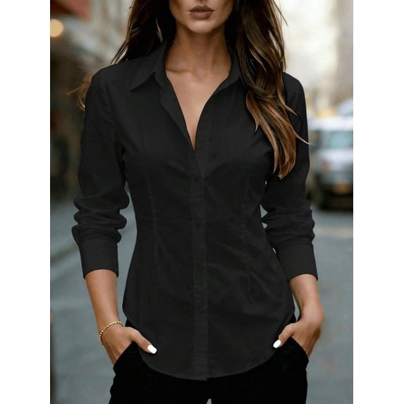 Women's Long Sleeve Fitted Shirt Button Front Collared Casual Commuter Blouse