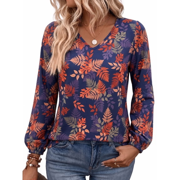 Women's Long Sleeve Floral Blouses V Neck Casual Tops Lightweight Printed Shirts for Spring Fall Winter Available in Plus Size