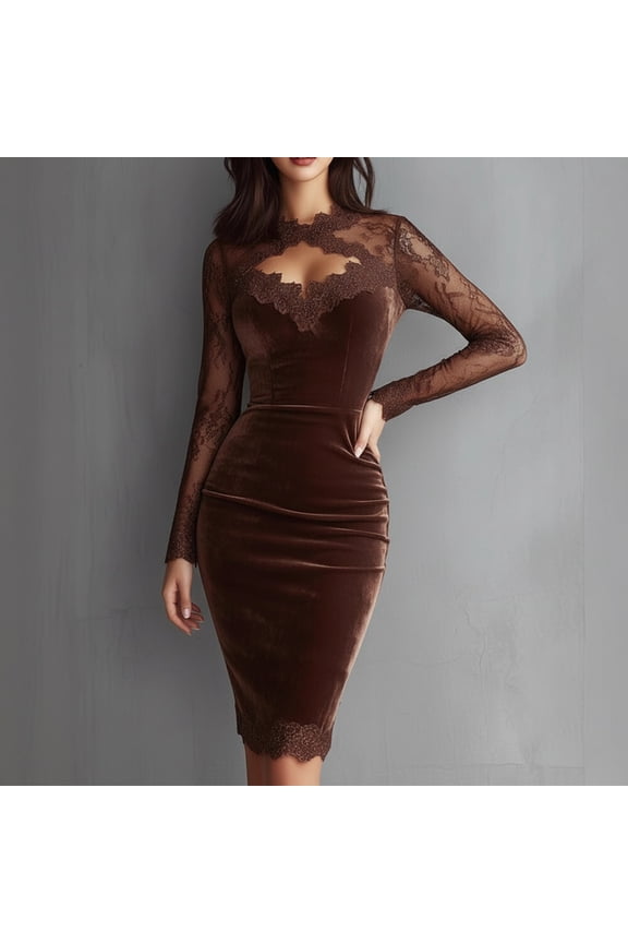 Women's Long Sleeve Floral Bodycon Dress Vintage Keyhole Neck Lace Long Sleeves Velvet Dress (Coffee XXXS)