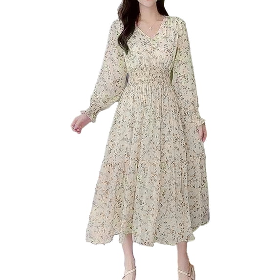 Women's Long Sleeve Floral Maxi Dress V Neck Casual Long Dresses Cocktail Beach Party Maxi Dress