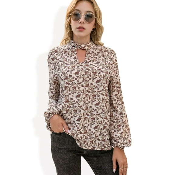 Women's Long Sleeve Floral Print Blouse with Keyhole Neckline - Small, Beige