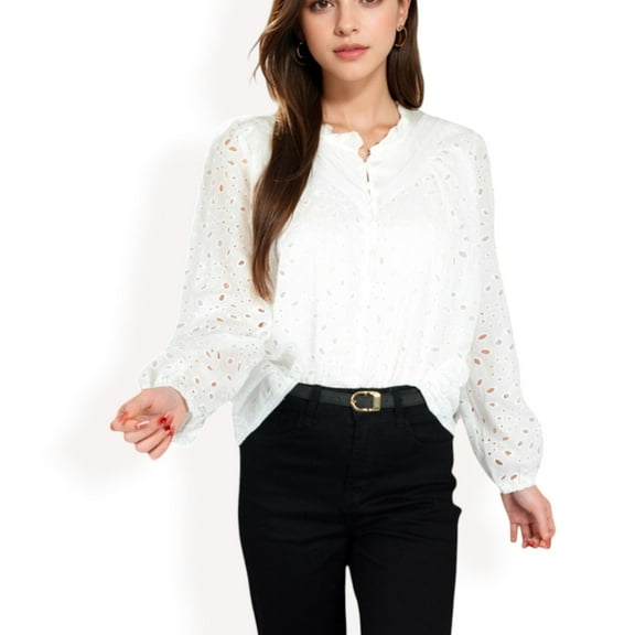 Women's Long Sleeve Floral Print Blouse with Ruffled High Neck- White,Small