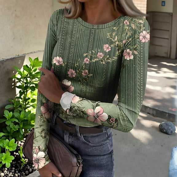 Women's Long Sleeve Floral Print Top, Casual Crew Neck Soft Stretchy Blouse, Elegant Butterfly Pattern Shirt for Spring Fall