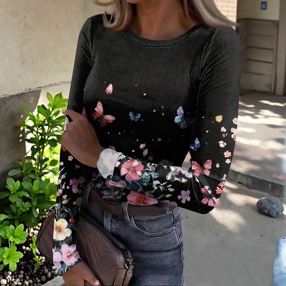 Women's Long Sleeve Floral Print Top, Casual Crew Neck Soft Stretchy Blouse, Elegant Butterfly Pattern Shirt for Spring Fall