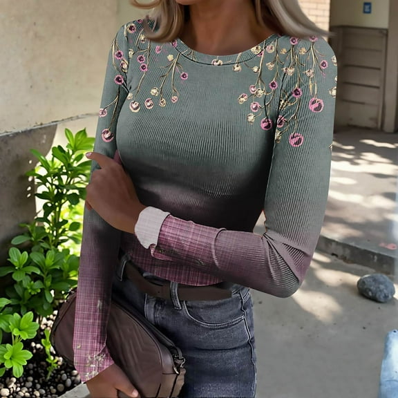 Women's Long Sleeve Floral Print Top, Casual Crew Neck Soft Stretchy Blouse, Elegant Butterfly Pattern Shirt for Spring Fall