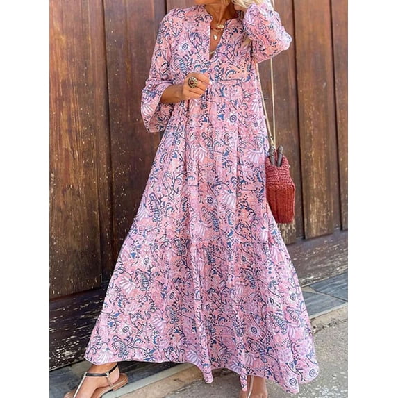 Women's Long Sleeve Floral Printed A-Line Maxi Dress