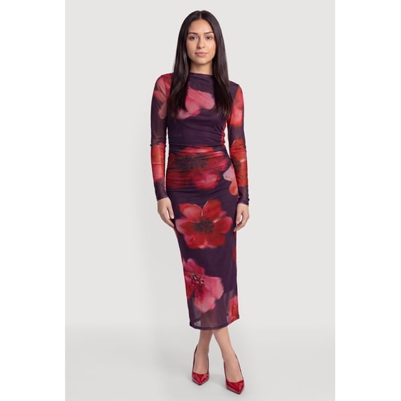 Women's Long Sleeve Floral Ruched Mesh Maxi Dress
