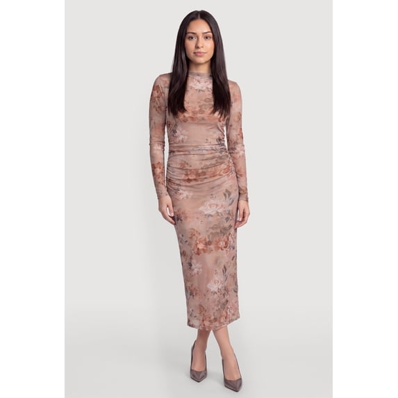 Women's Long Sleeve Floral Ruched Mesh Maxi Dress