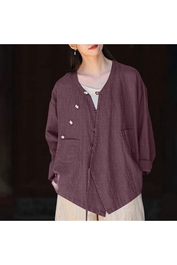 Women's Long Sleeve Frog Button Shirt, New Chinese Zen Style Irregular Wrap Top, Casual Daily Wear for Spring Summer, Lightweight Cotton Linen Blend Purple M