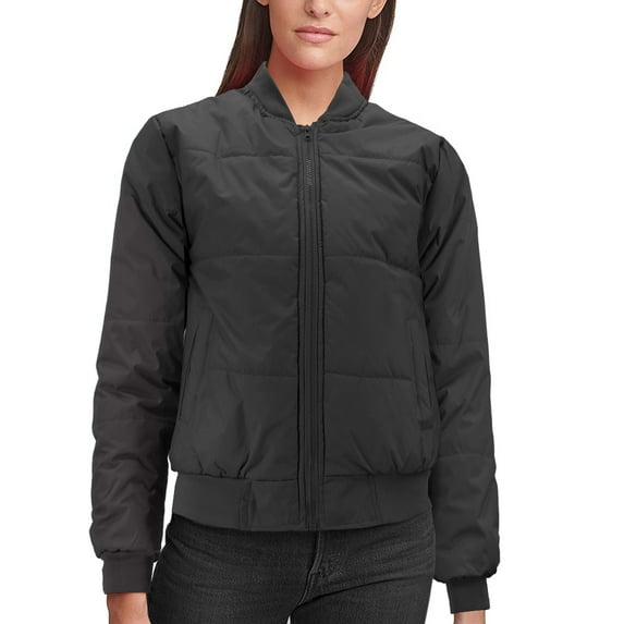 Women's Long Sleeve Full Zip Quilted Fleece Lined Puffer Bomber Jacket (Black, S)