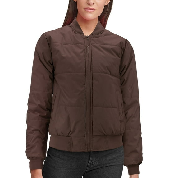 Women's Long Sleeve Full Zip Quilted Fleece Lined Puffer Bomber Jacket (Brown, L)