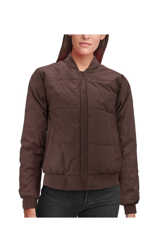 Women's Long Sleeve Full Zip Quilted Fleece Lined Puffer Bomber Jacket (Brown, M)